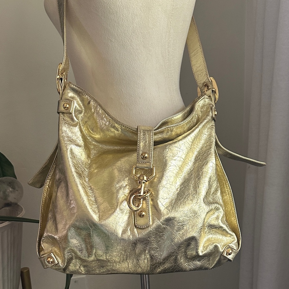 Kooba Rare Metallic Gold Large Women's Shoulder or Crossbody Hobo Bag w Buckle
